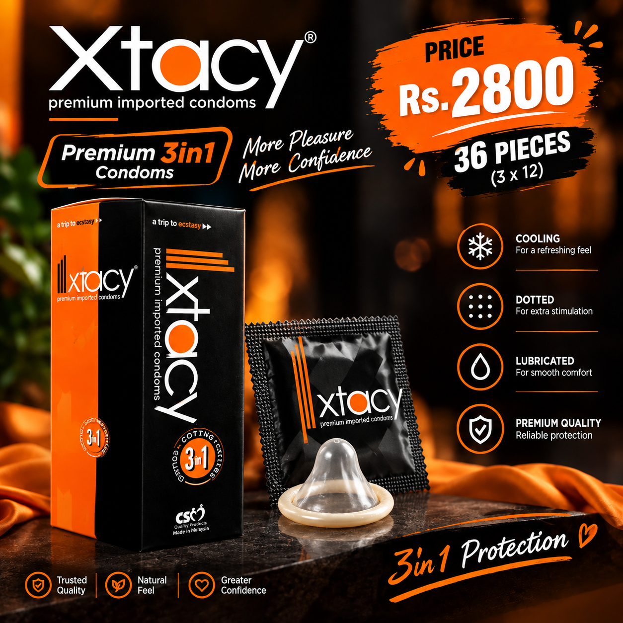 Xtacy Premium 3in1 – 36 Pieces (3 × 12) — buy condoms online in Pakistan | Privily