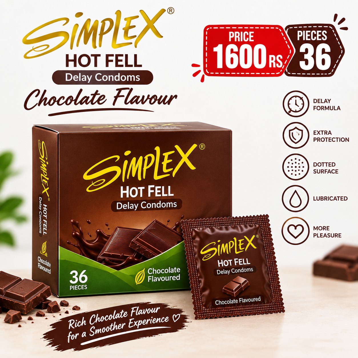 Simplex Chocolate Flavour Delay Condoms 36 Pieces — buy condoms online in Pakistan | Privily