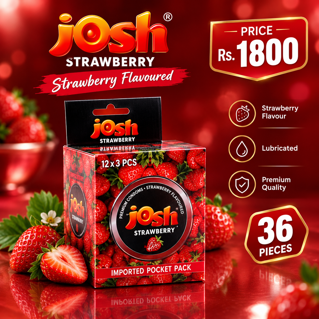 Josh Strawberry Flavoured Condoms – 36 Pieces | Rs. 1,800 — buy condoms online in Pakistan | Privily