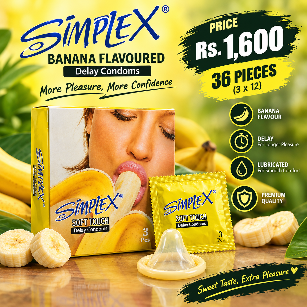 Simplex Banana Flavoured Delay Condoms– 36 Pieces — buy condoms online in Pakistan | Privily